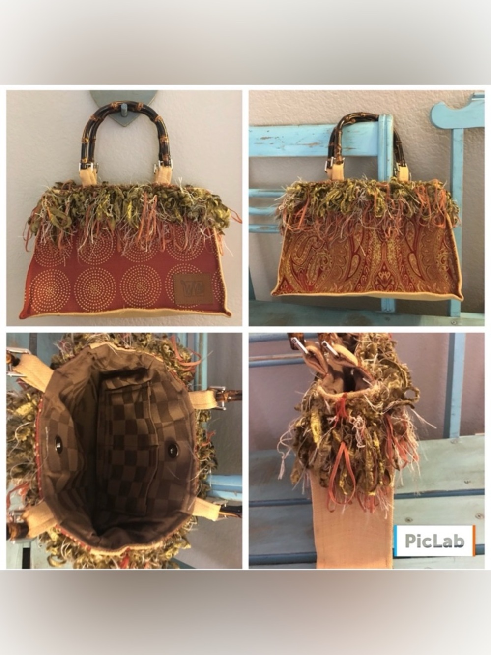 WN Zagbag Kitschy Fringed with Feathers Handbag with Bamboo Handles New